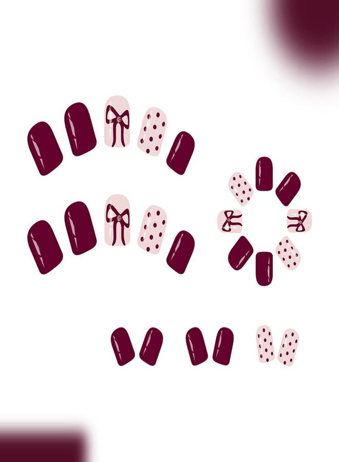 OSTTMA Wine Red Press on Nails Short Square Fake Nails with Polka Dot Bow Designs Cute Polka Dots False Nail Full Cover Bow Glue on Nails Acrylic Stick on Nail for Women Manicure Decoration 24Pcs - Image 5